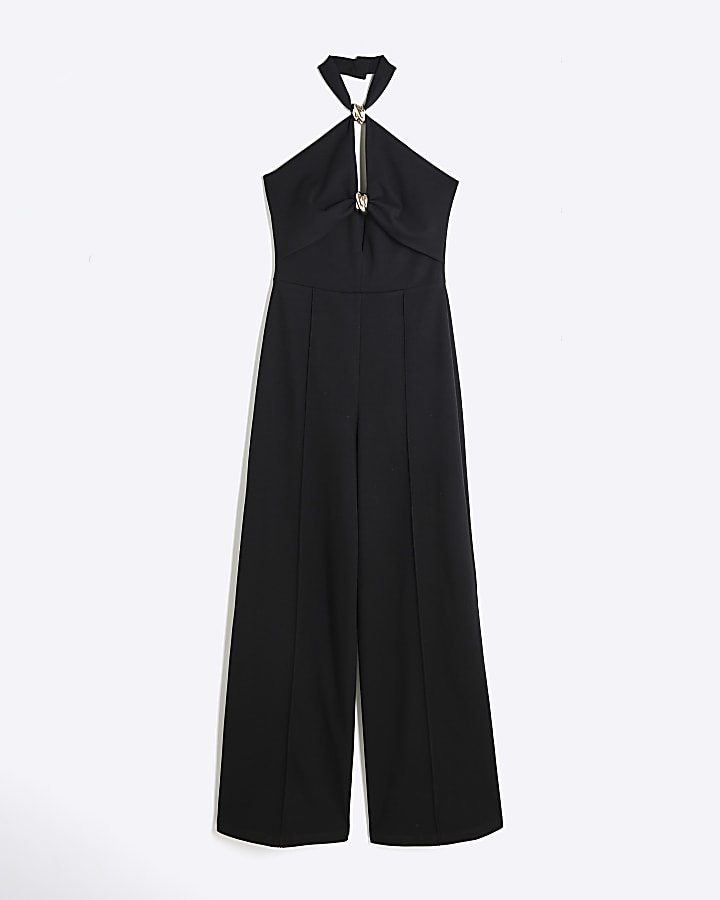 Black Halter Neck Trim Jumpsuit