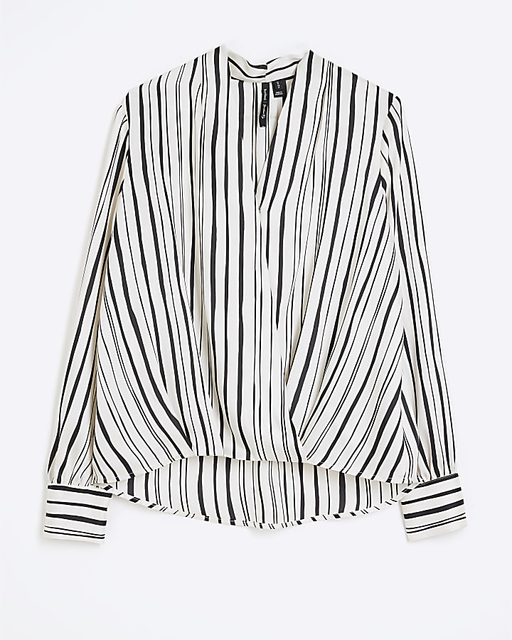 Black Long Sleeve Striped Wrap Shirt