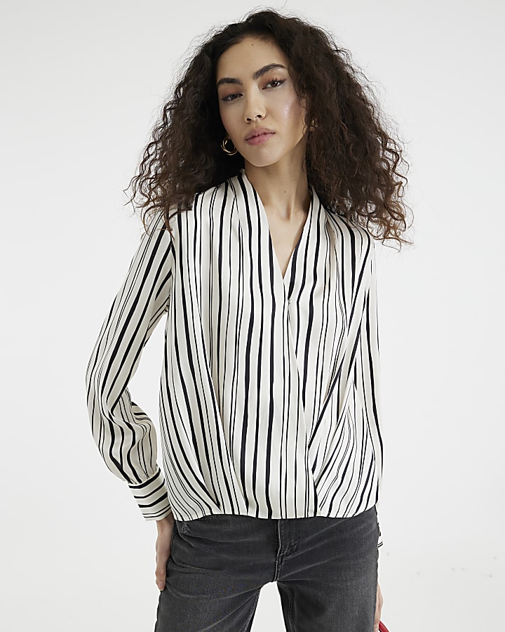 Black Long Sleeve Striped Wrap Shirt