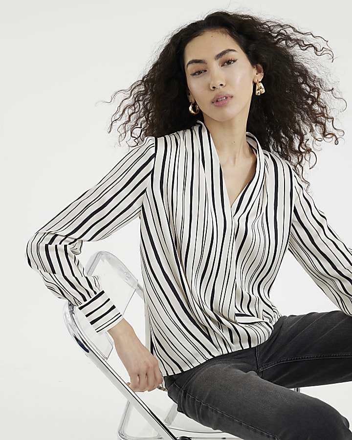 Black Long Sleeve Striped Wrap Shirt