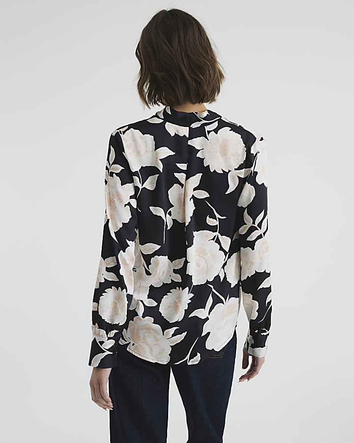 Black Long Sleeve Floral Wrap Shirt