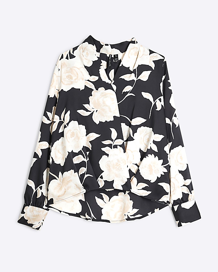 Black Long Sleeve Floral Wrap Shirt