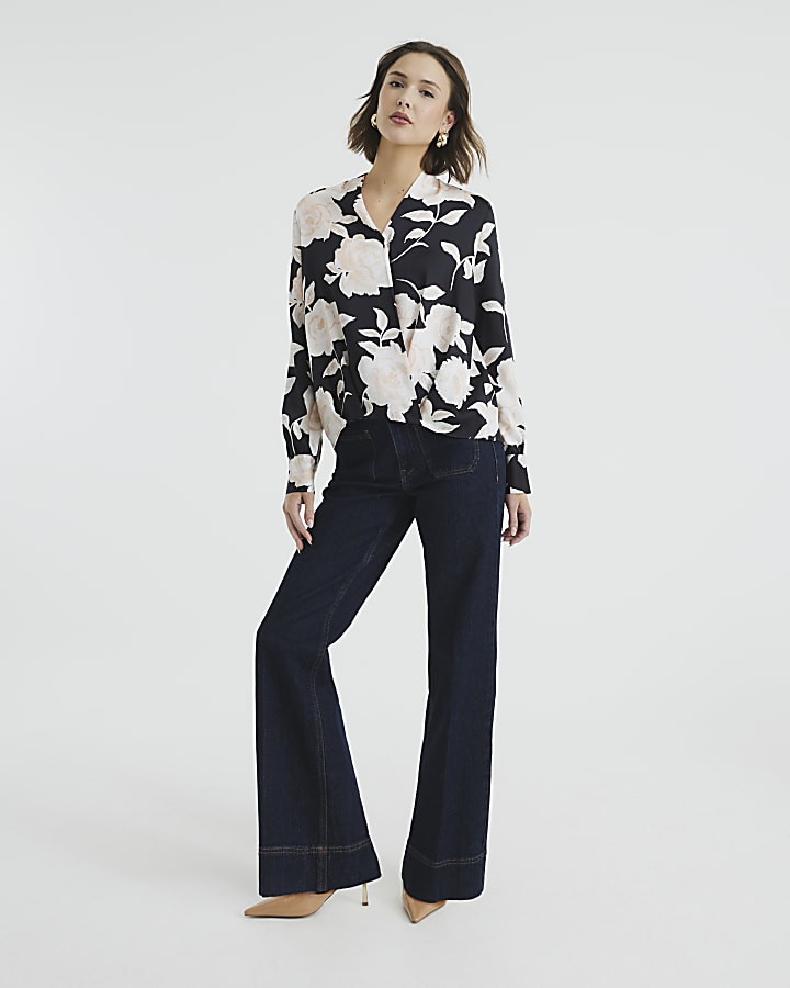 Black Long Sleeve Floral Wrap Shirt