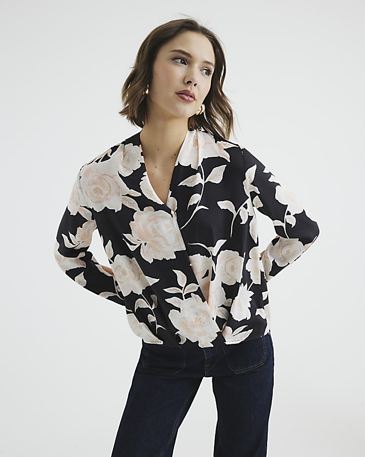 Black Long Sleeve Floral Wrap Shirt