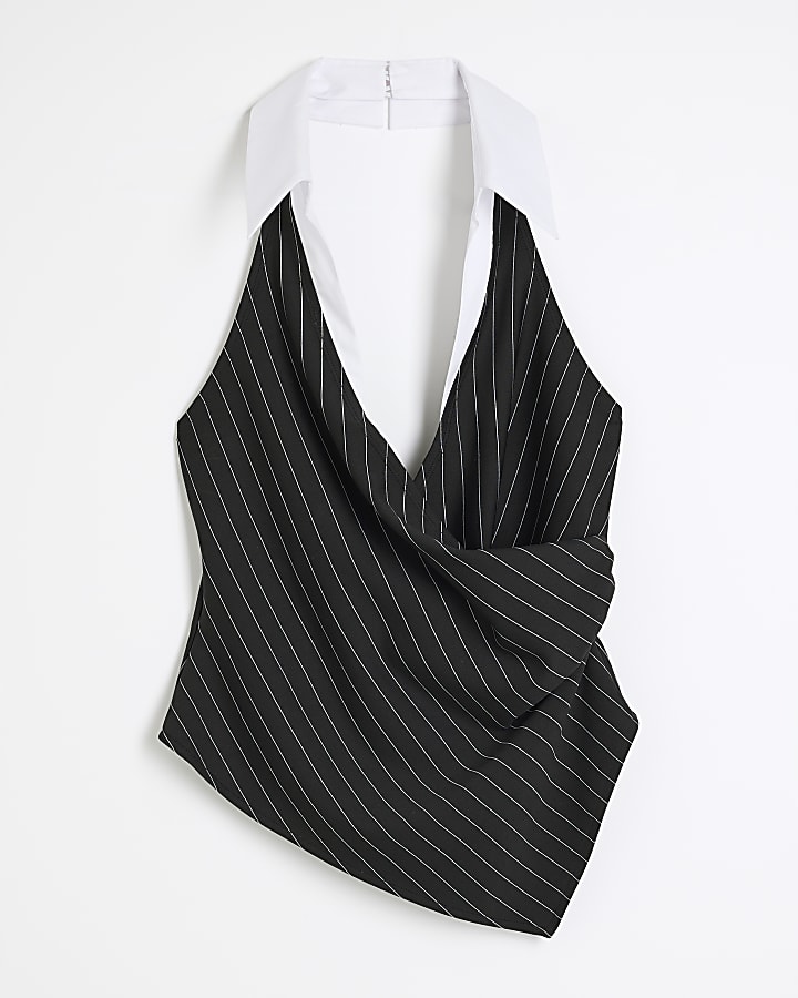 Black Sleeveless Pinstripe Collar Top