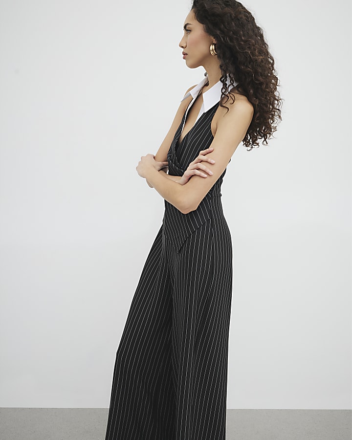 Black Pinstripe Collar Jumpsuit