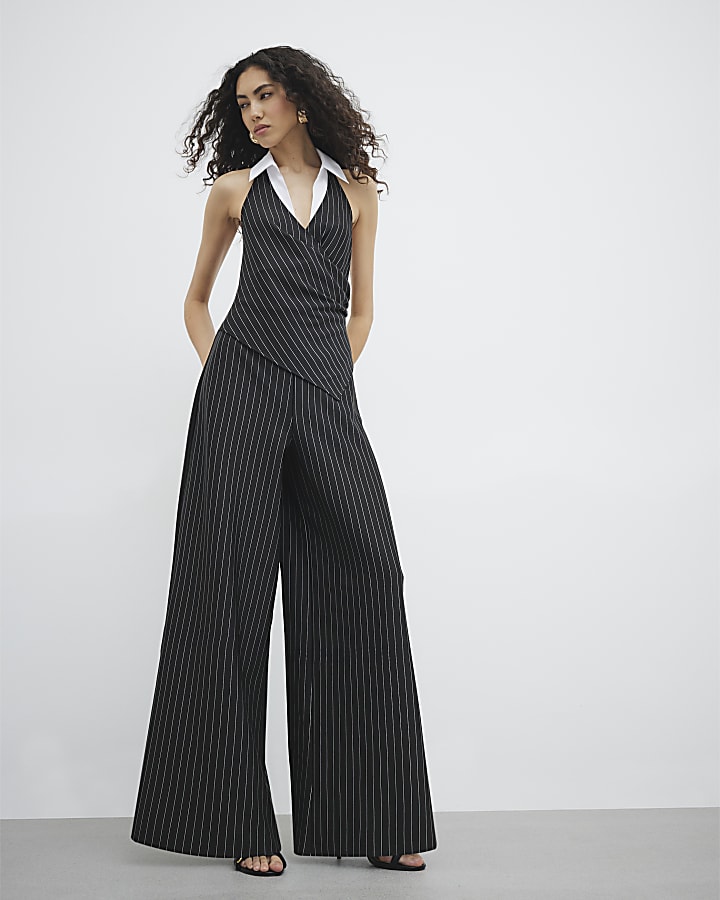 Black Pinstripe Collar Jumpsuit