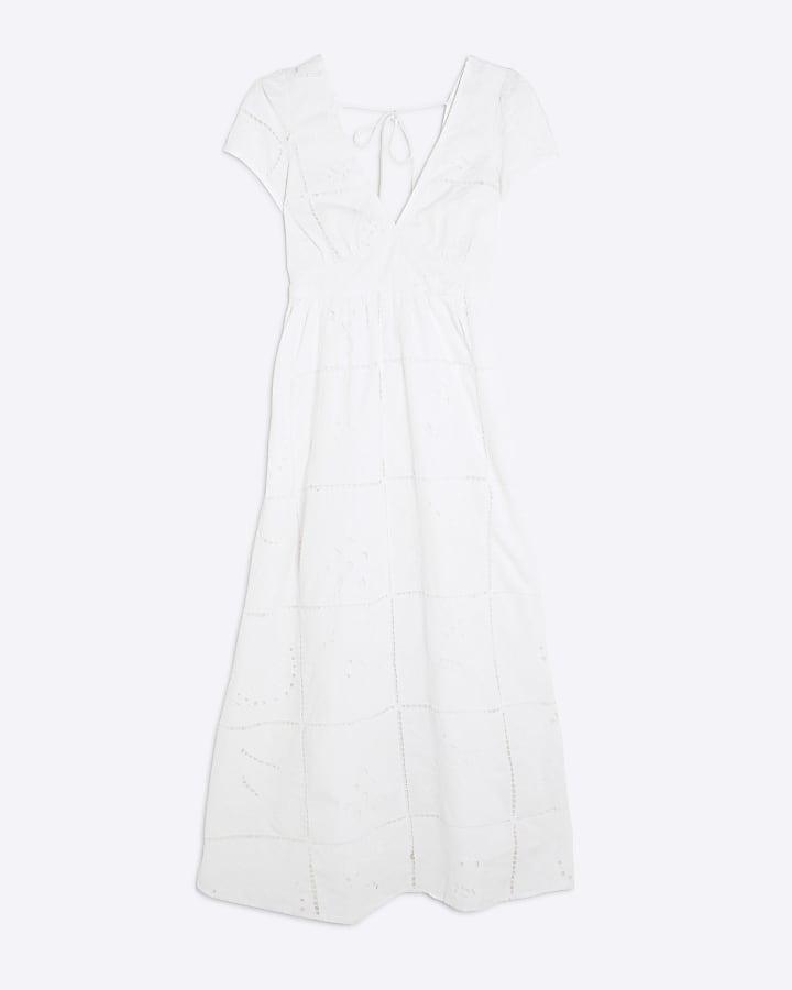 White Short Sleeve Cutwork Maxi Dress