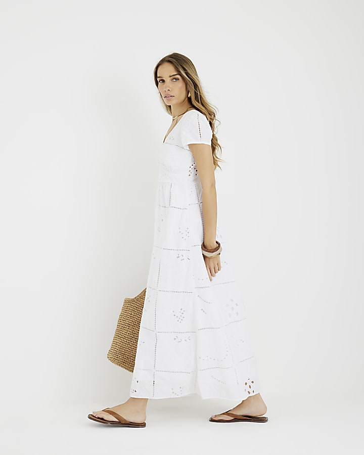White Short Sleeve Cutwork Maxi Dress