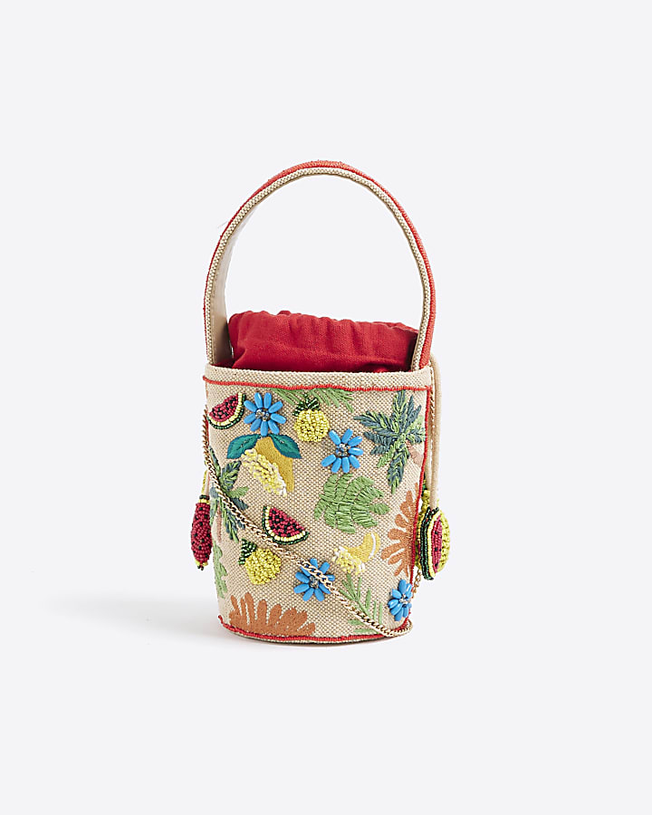 Beige Premium Fruit Beaded Basket Bag