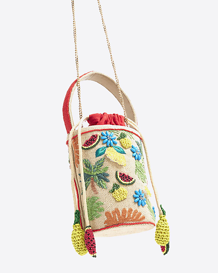 Beige Premium Fruit Beaded Basket Bag