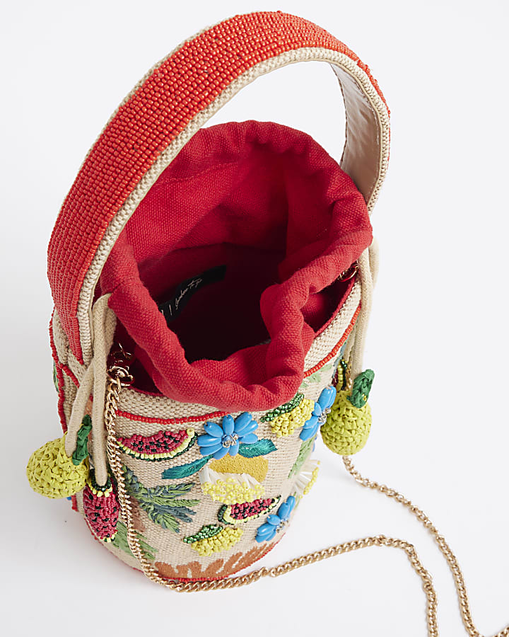 Beige Premium Fruit Beaded Basket Bag