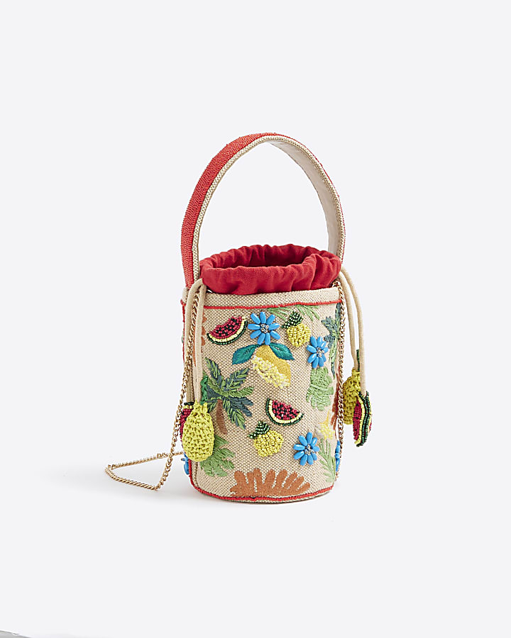 Beige Premium Fruit Beaded Basket Bag