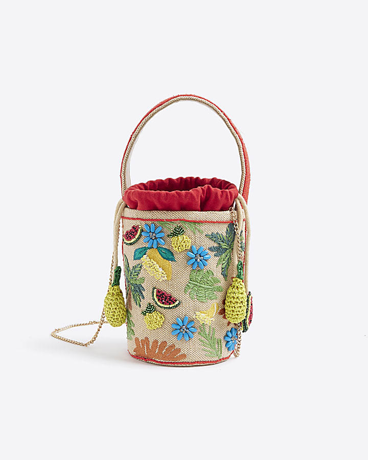 Beige Premium Fruit Beaded Basket Bag