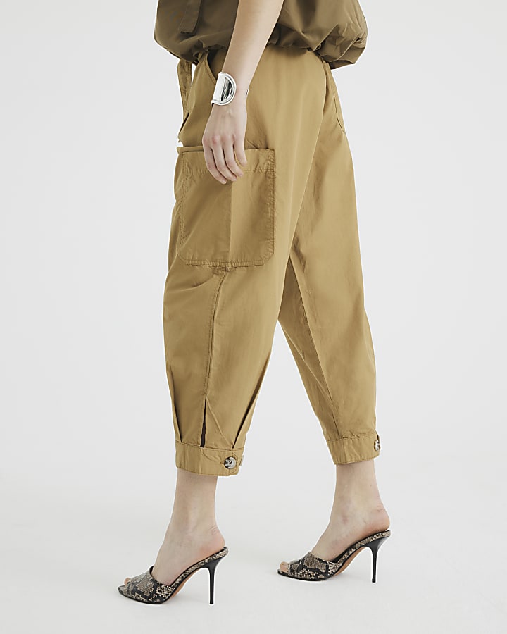 Beige Belted Barrel Trousers