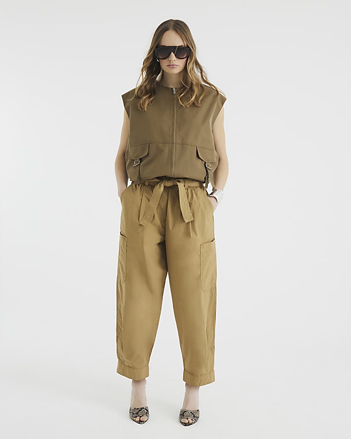 Beige Belted Barrel Trousers