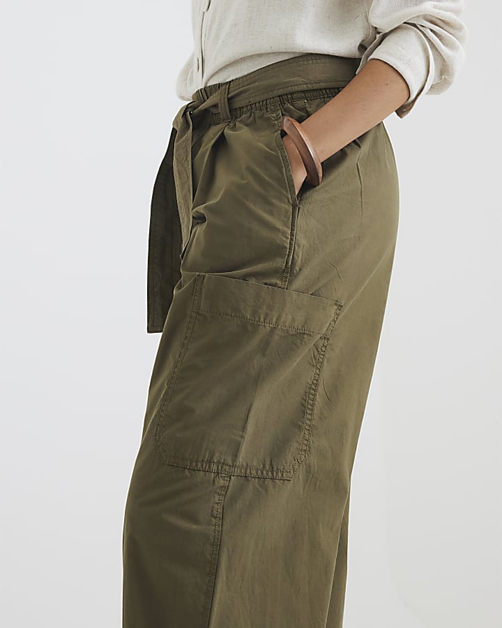 Khaki Belted Barrel Leg Trousers