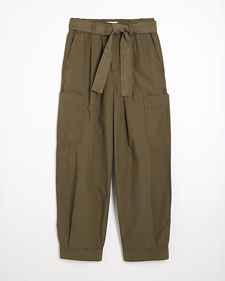 Khaki Belted Barrel Leg Trousers