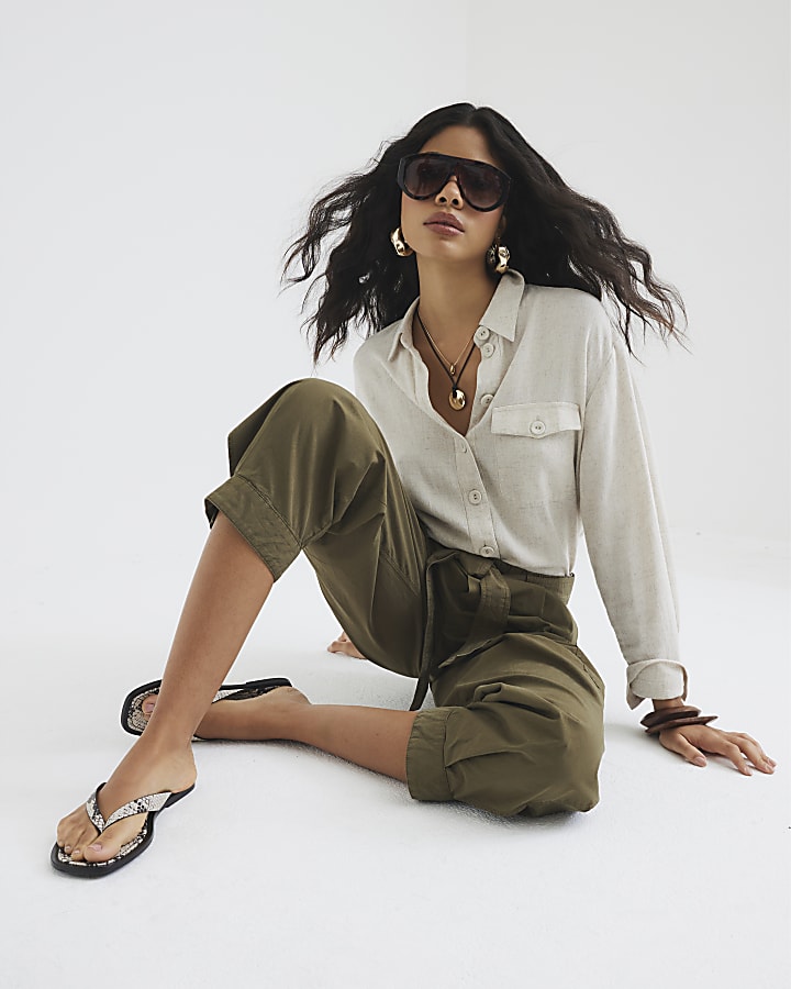 Khaki Belted Barrel Leg Trousers