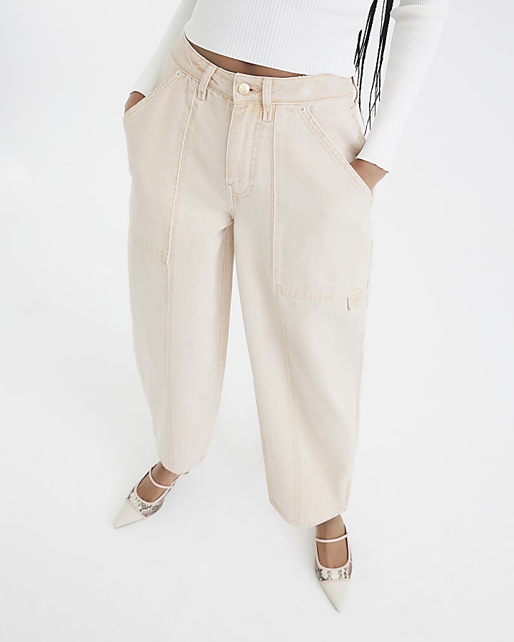 Beige Canvas Barrel Leg Trousers