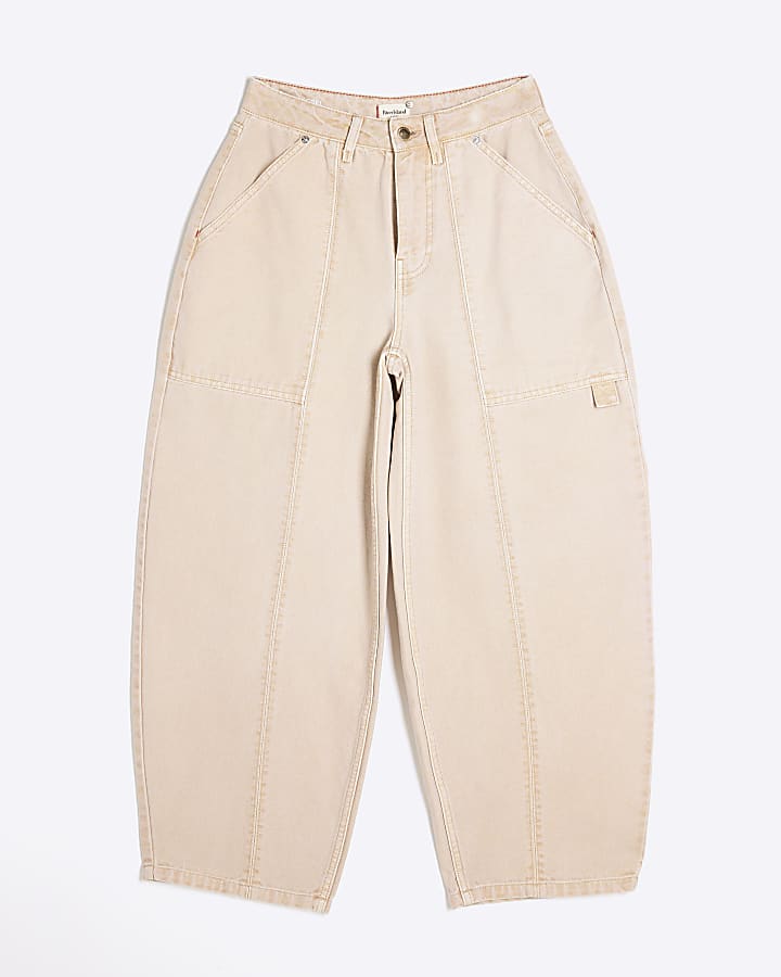 Beige Canvas Barrel Leg Trousers