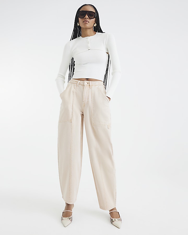 Beige Canvas Barrel Leg Trousers