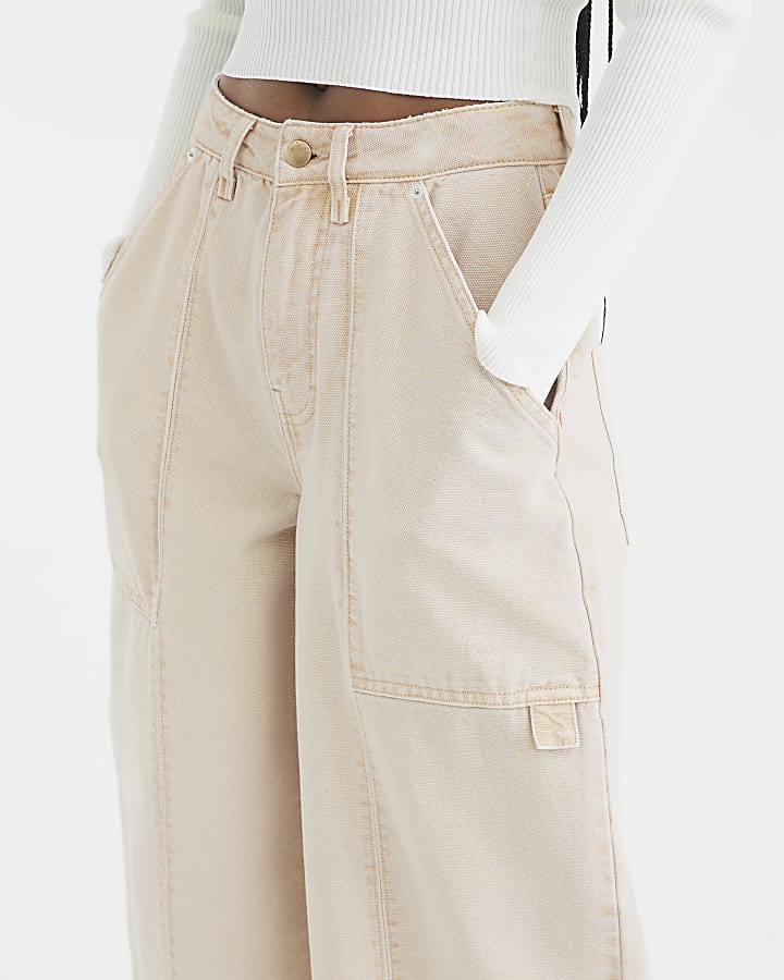 Beige Canvas Barrel Leg Trousers