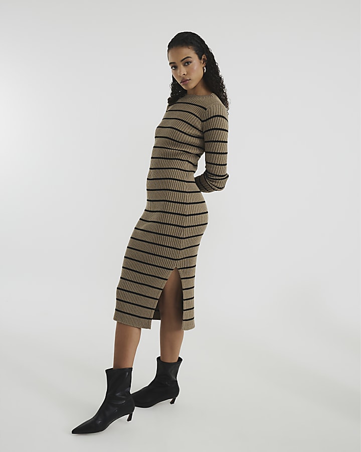 Brown Long Sleeve Stripe Midi Dress