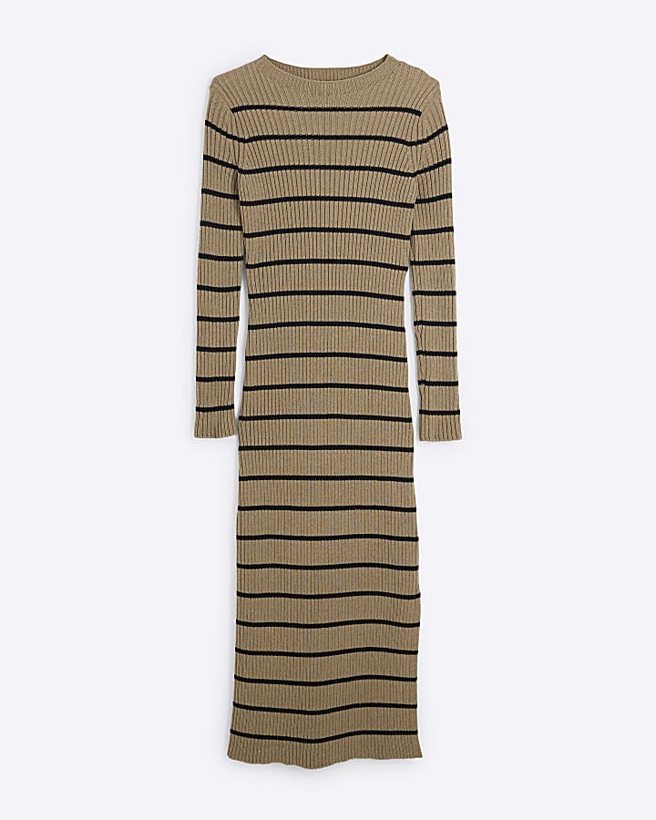 Brown Long Sleeve Stripe Midi Dress