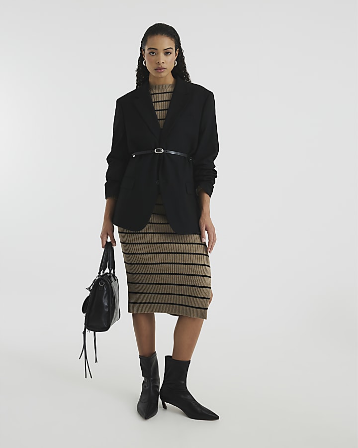 Brown Long Sleeve Stripe Midi Dress