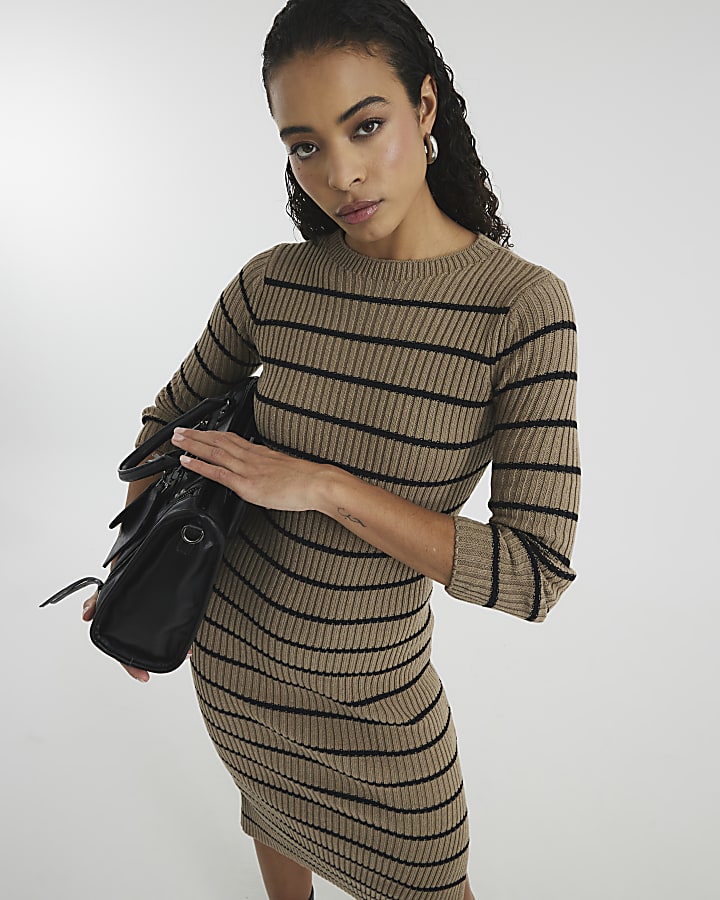 Brown Long Sleeve Stripe Midi Dress