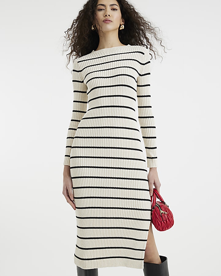 Cream Long Sleeve Stripe Midi Dress