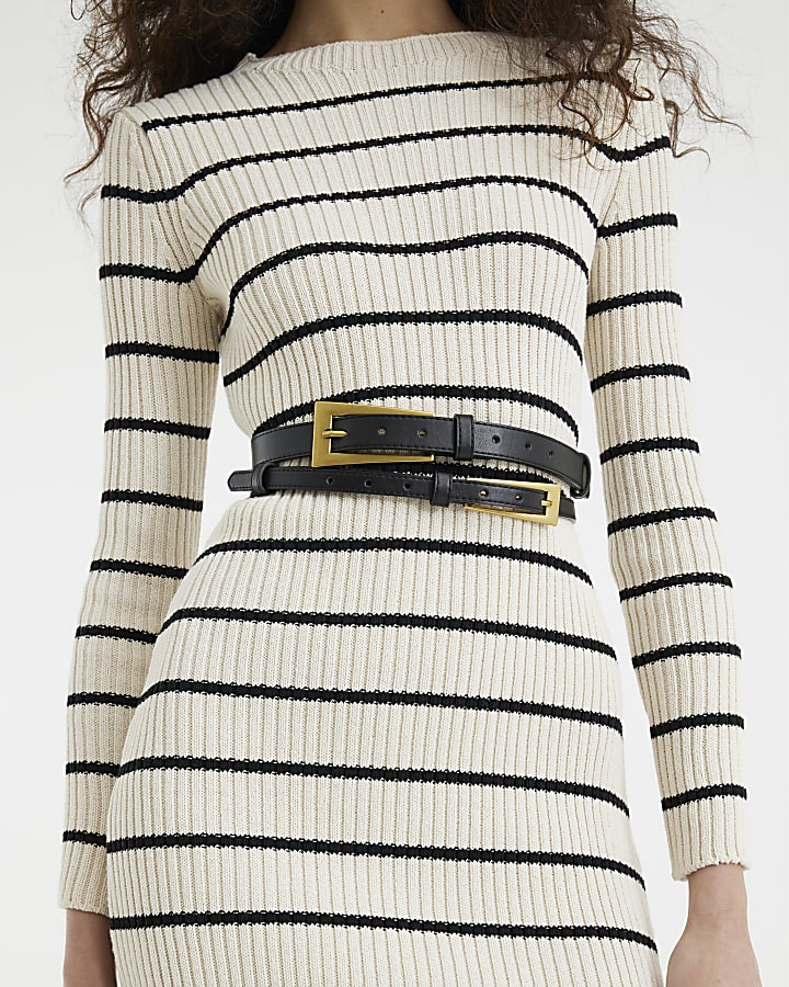 Cream Long Sleeve Stripe Midi Dress