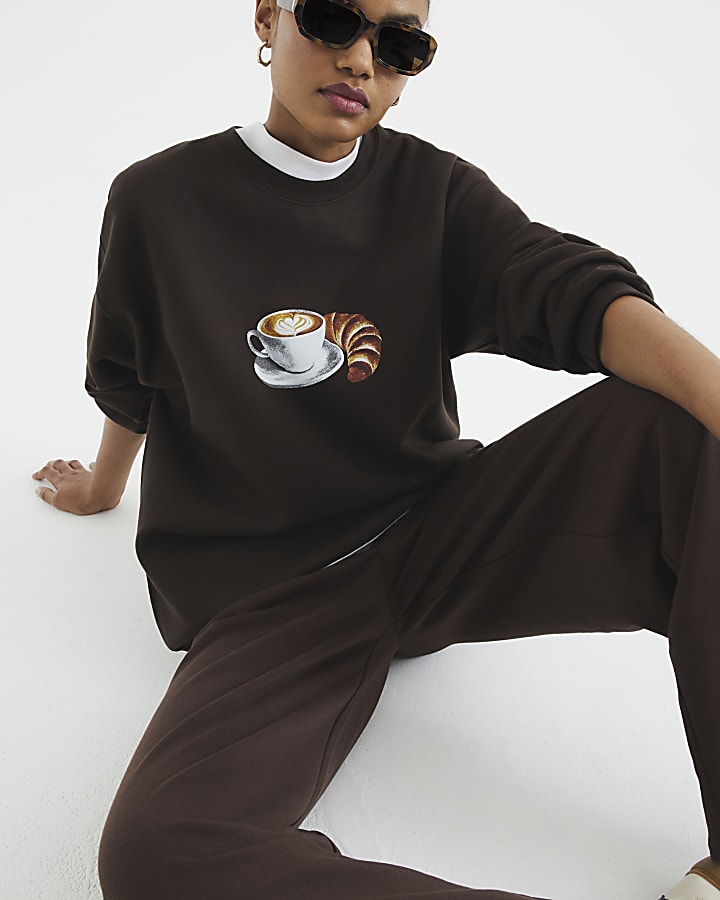 Brown Long Sleeve Croissant Coffee Sweatshirt