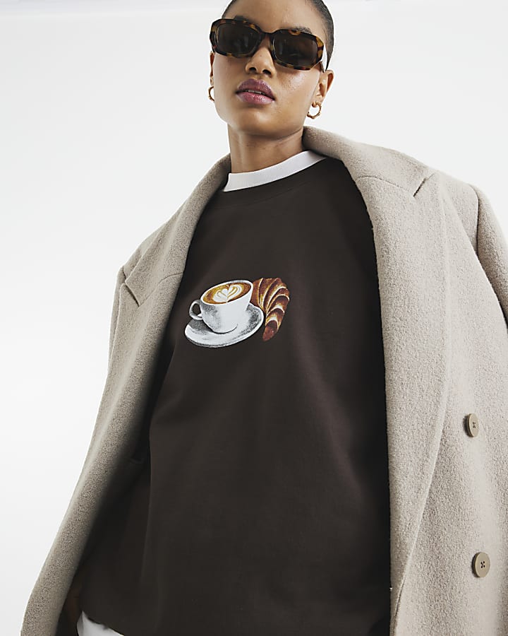 Brown Long Sleeve Croissant Coffee Sweatshirt