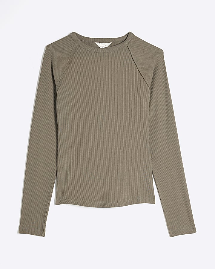 Khaki Long Sleeve Ribbed Raglan Top