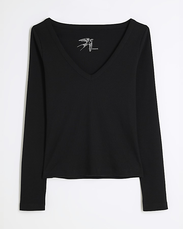 Black Long Sleeve V-Neck Ribbed Top