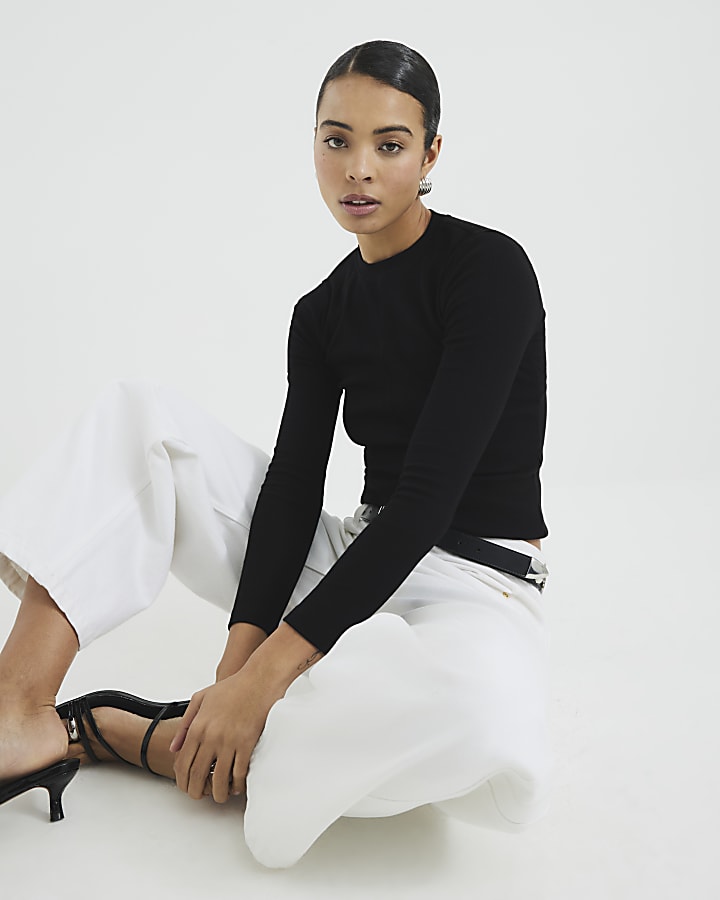 Black Long Sleeve Seam Front Top