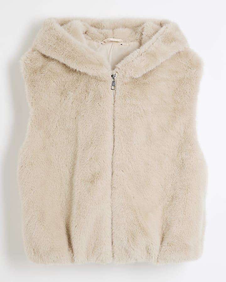 Beige Faux Fur Hooded Gilet