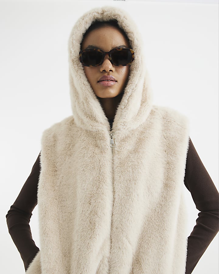 Beige Faux Fur Hooded Gilet