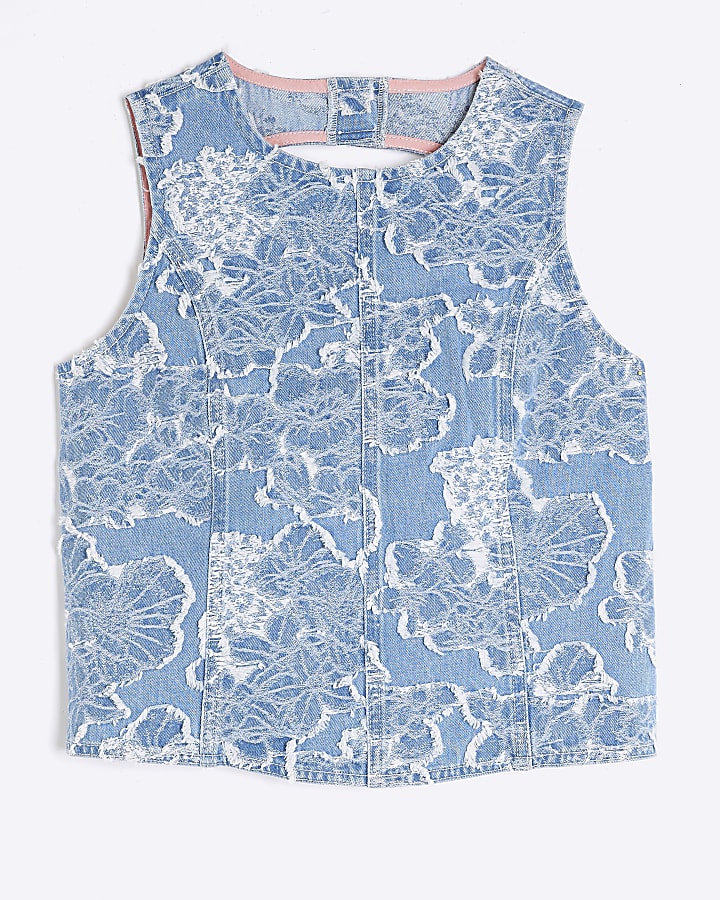 Blue Denim Sleeveless Floral Top