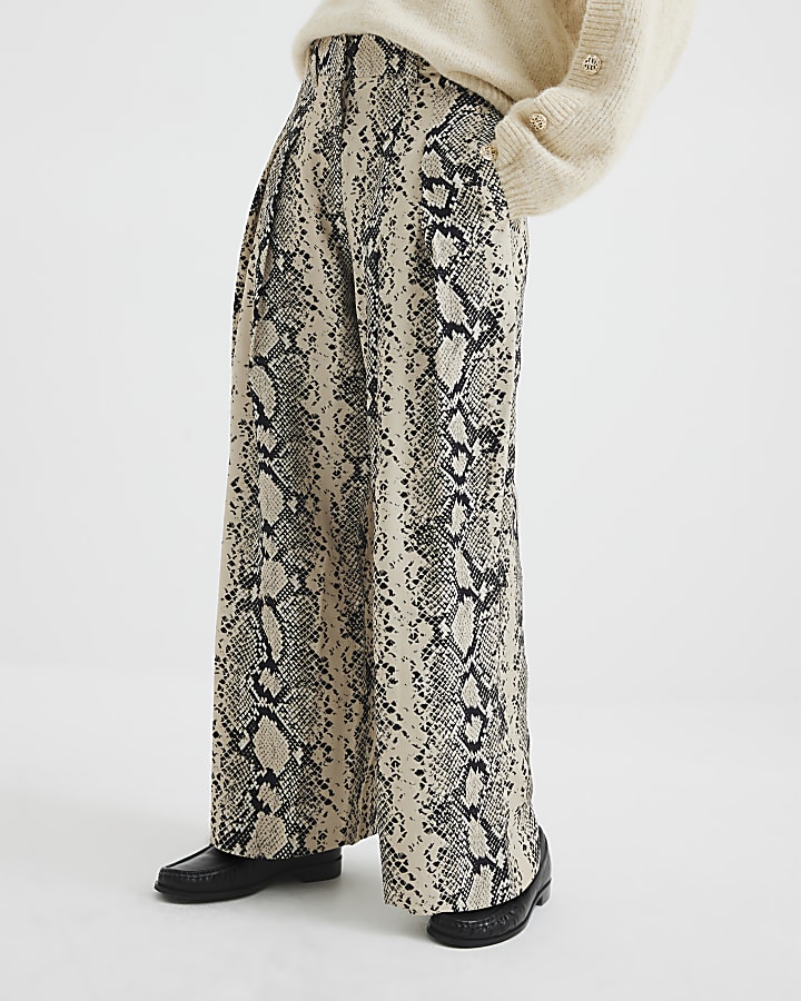 Petite Cream Snake Print Wide Leg Trouser