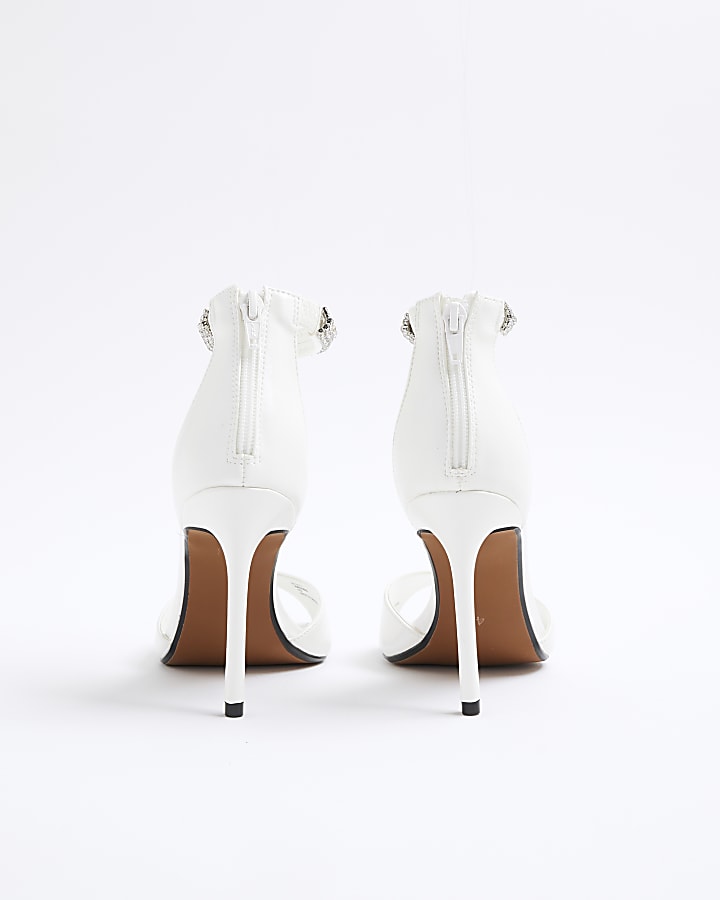 White Embellished Strap Peep Toe Heels