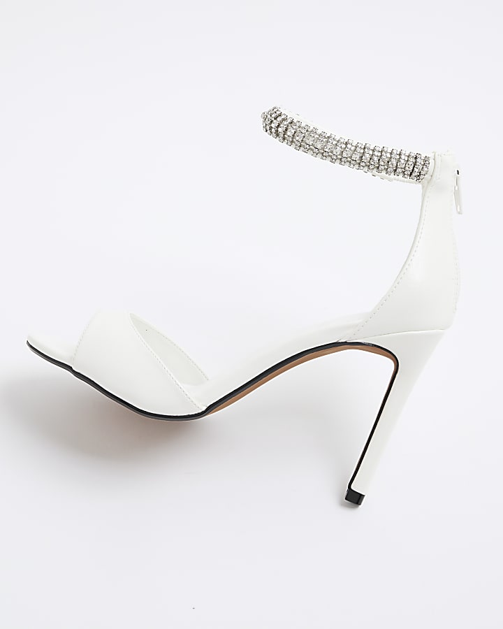 White Embellished Strap Peep Toe Heels