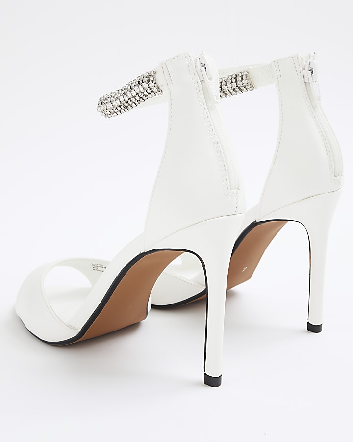 White Embellished Strap Peep Toe Heels