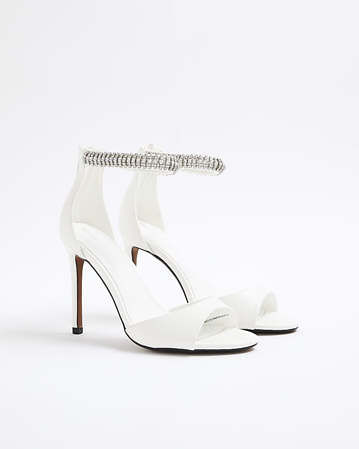White Embellished Strap Peep Toe Heels