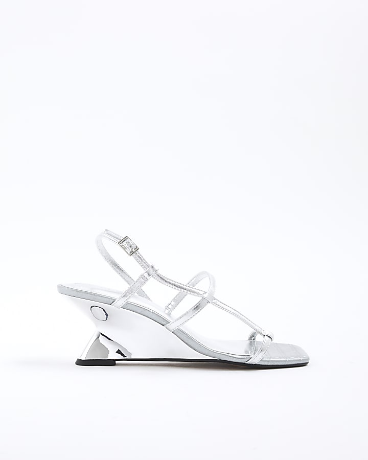 Silver Flared Strappy Wedges