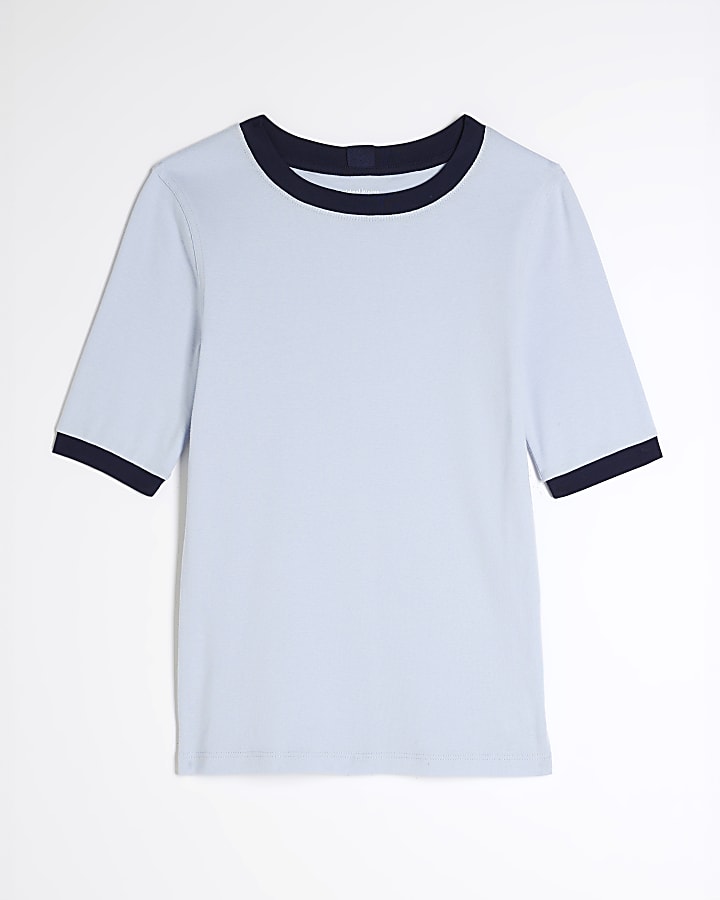 Blue Short Sleeve Contrast Trim T-shirt