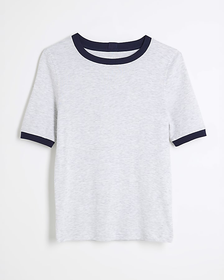 Grey Short Sleeve Contrast Trim Top