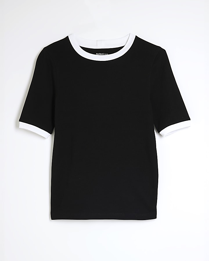 Black Short Sleeve Contrast Trim Top